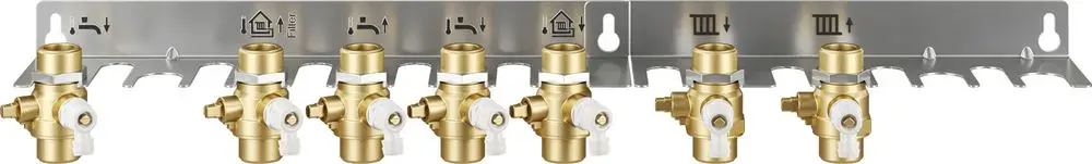 Montageplatte mit mehreren Heizungsventilen, hergestellt von Bosch. Das Produkt ist zur Installation in Wohnungsstationen konzipiert.